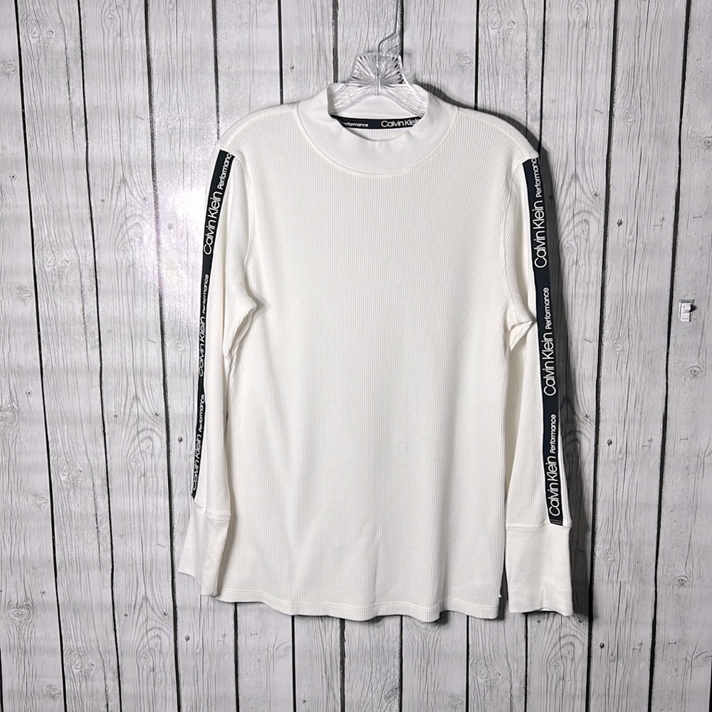 Calvin Klein logo stripe white/black mock neck thermal top size xl